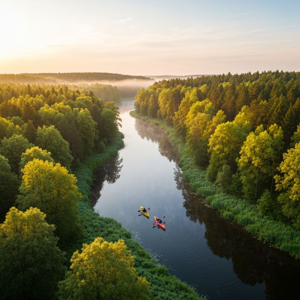 Aerial view of a winding river through Lithuanian forest